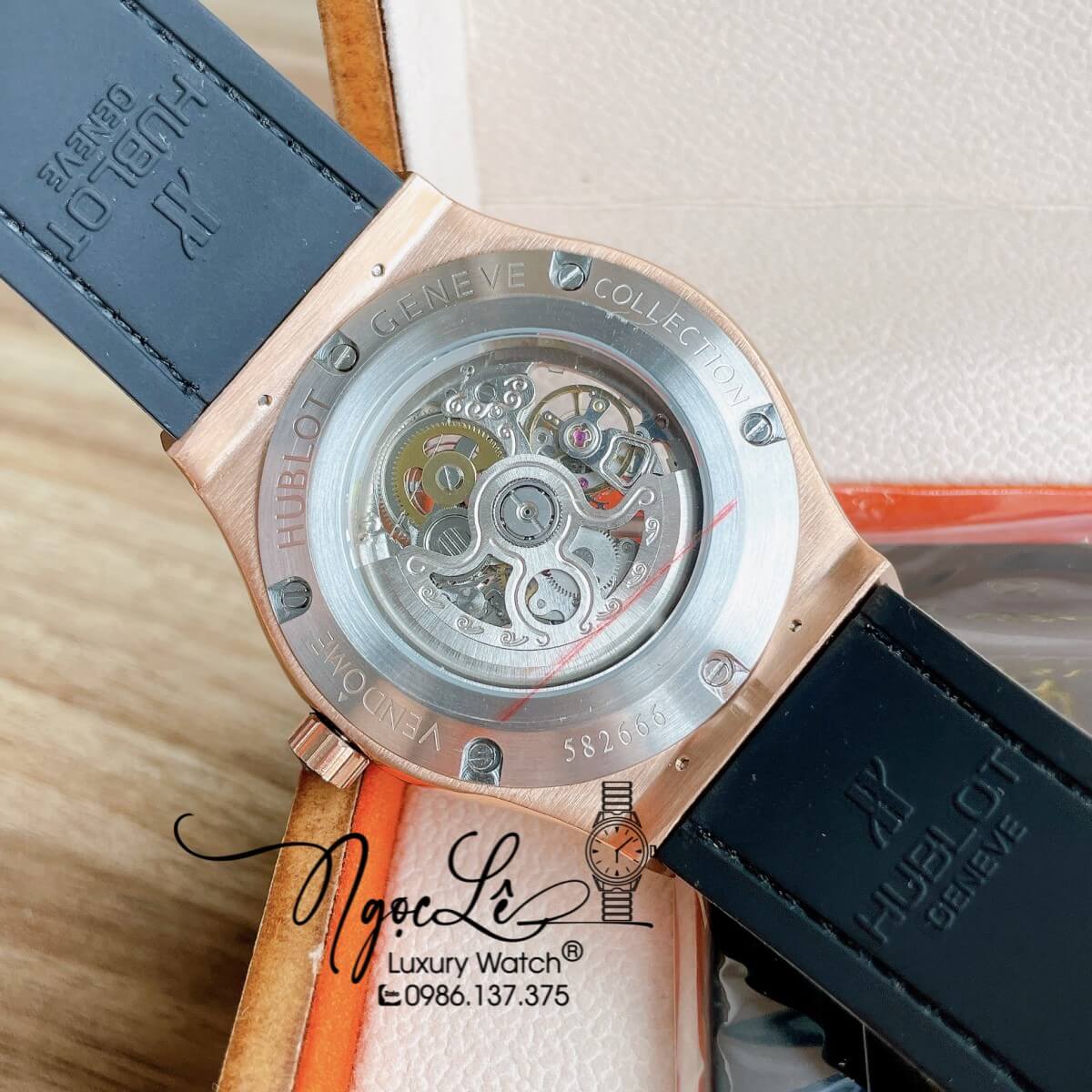Đồng Hồ Hublot Automatic Nam Lộ Cơ Size 42mm Dây Da Silicon Nâu Vỏ Rose Đính Đá