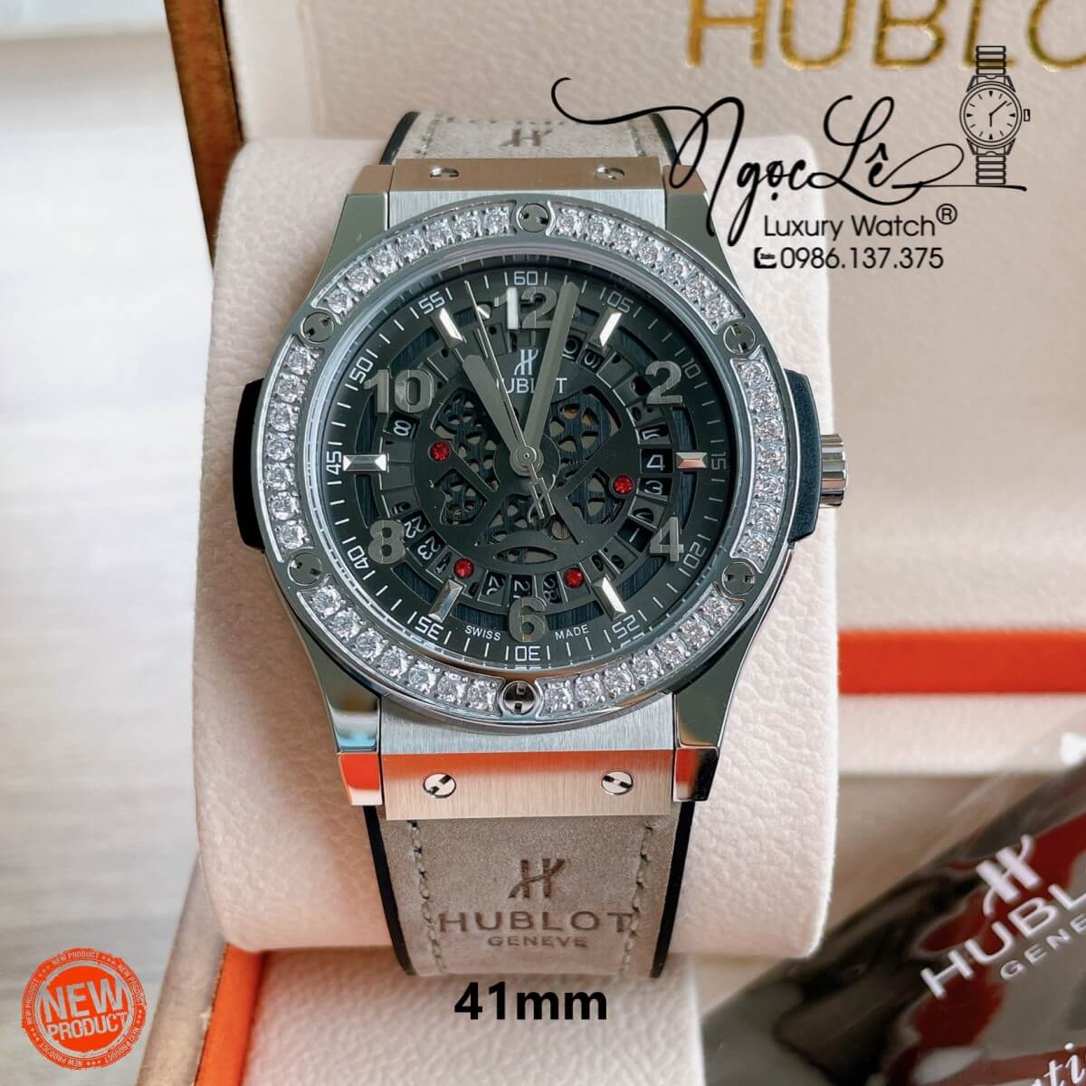 Đồng Hồ Hublot Automatic Nam Lộ Cơ Size 42mm Dây Da Silicon Xám Vỏ Bạc Đính Đá
