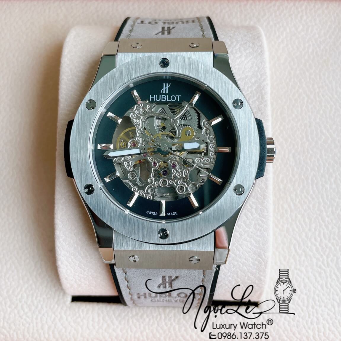 Đồng Hồ Hublot Automatic Nam Lộ Cơ Size 42mm Dây Da Silicon Xám Vỏ Bạc