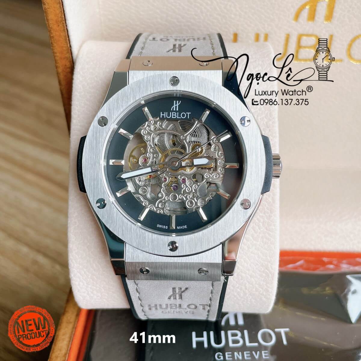 Đồng Hồ Hublot Automatic Nam Lộ Cơ Size 42mm Dây Da Silicon Xám Vỏ Bạc