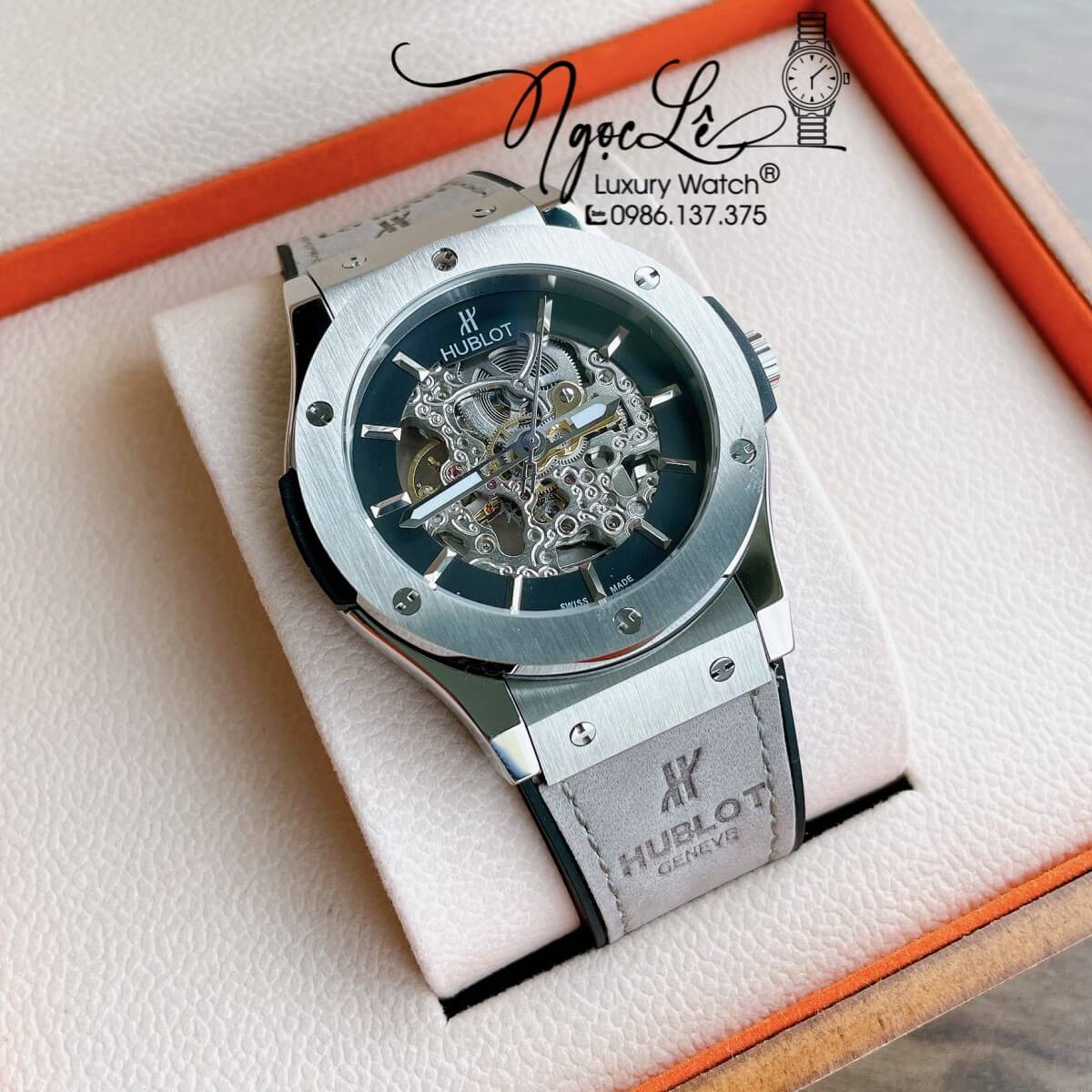 Đồng Hồ Hublot Automatic Nam Lộ Cơ Size 42mm Dây Da Silicon Xám Vỏ Bạc