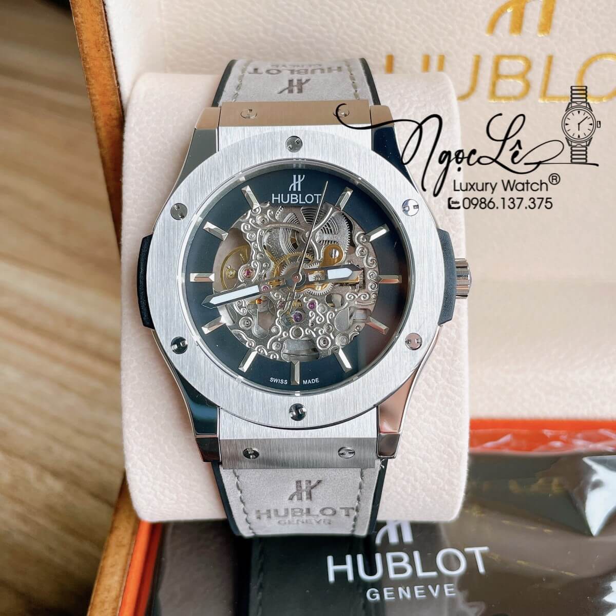 Đồng Hồ Hublot Automatic Nam Lộ Cơ Size 42mm Dây Da Silicon Xám Vỏ Bạc