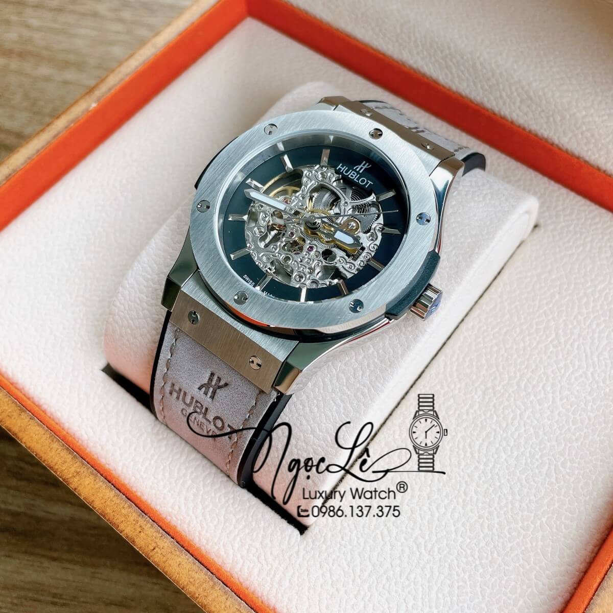 Đồng Hồ Hublot Automatic Nam Lộ Cơ Size 42mm Dây Da Silicon Xám Vỏ Bạc