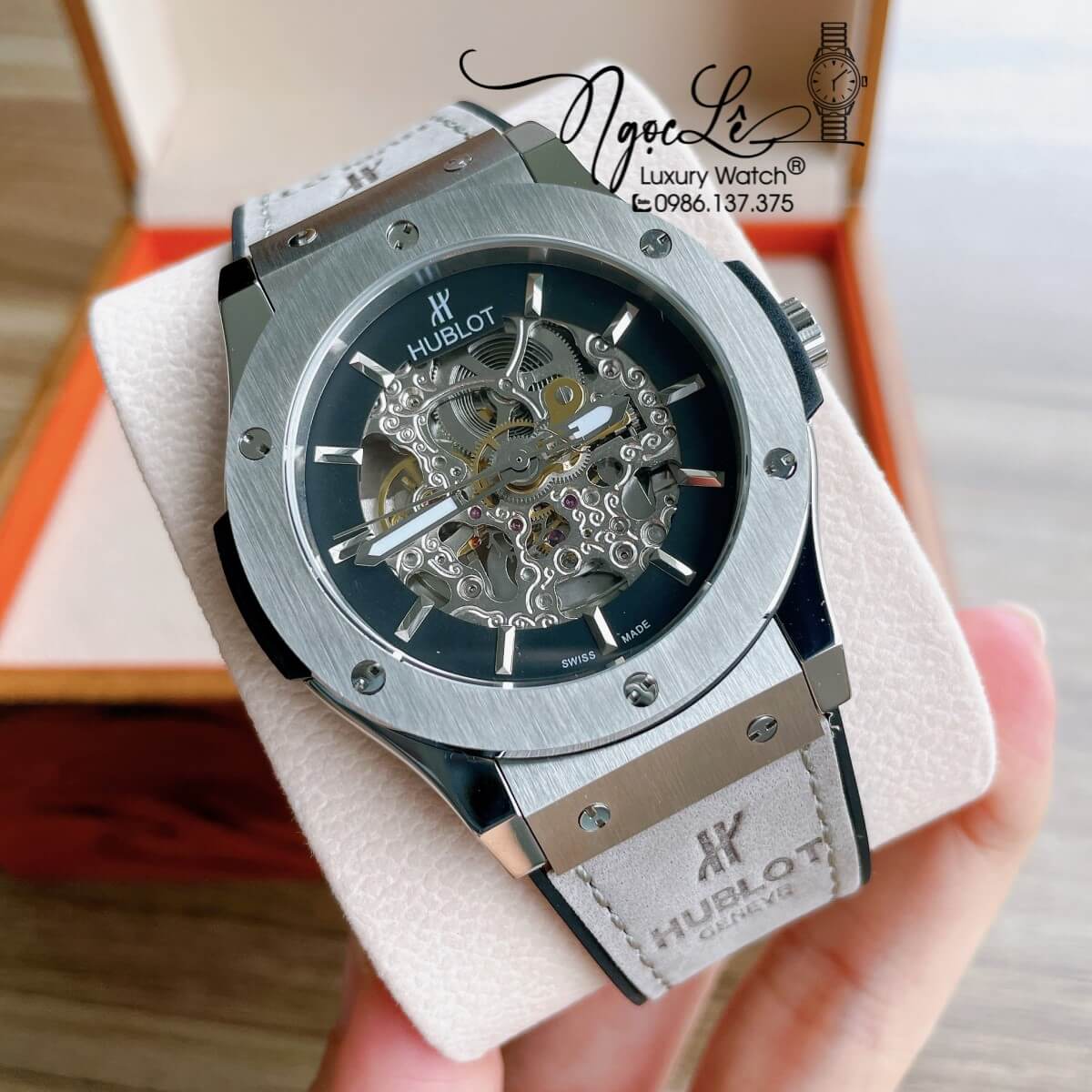 Đồng Hồ Hublot Automatic Nam Lộ Cơ Size 42mm Dây Da Silicon Xám Vỏ Bạc