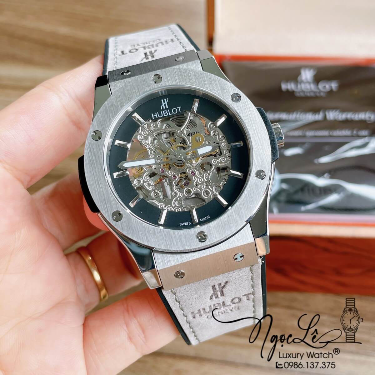 Đồng Hồ Hublot Automatic Nam Lộ Cơ Size 42mm Dây Da Silicon Xám Vỏ Bạc