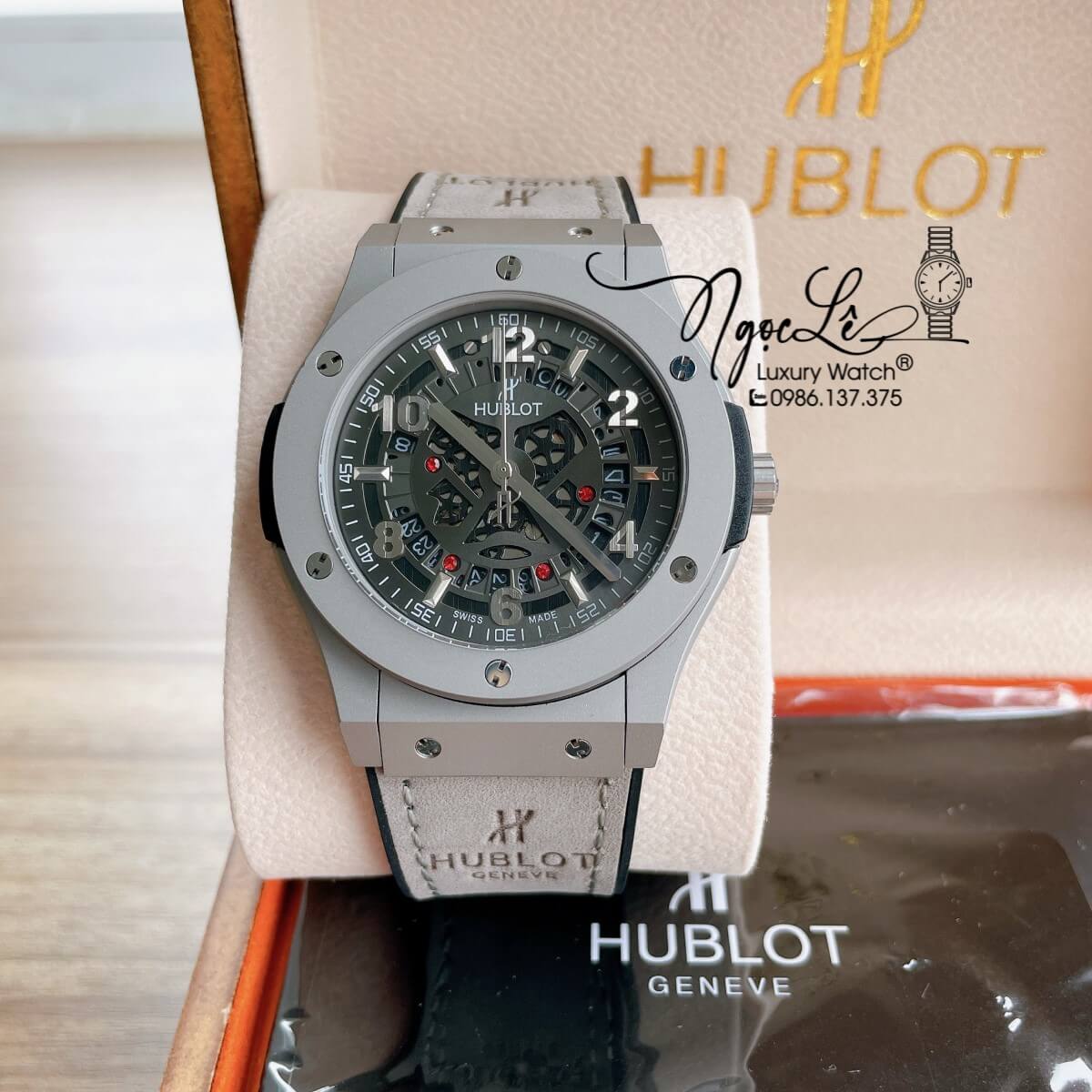 Đồng Hồ Hublot Automatic Nam Lộ Cơ Size 42mm Dây Da Silicon Xám Vỏ Thép Mờ