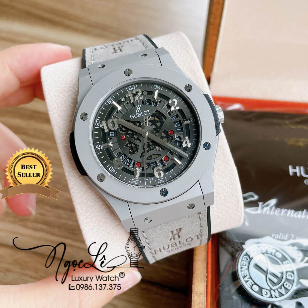 Đồng Hồ Hublot Automatic Nam Lộ Cơ Size 42mm Dây Da Silicon Xám Vỏ Thép Mờ