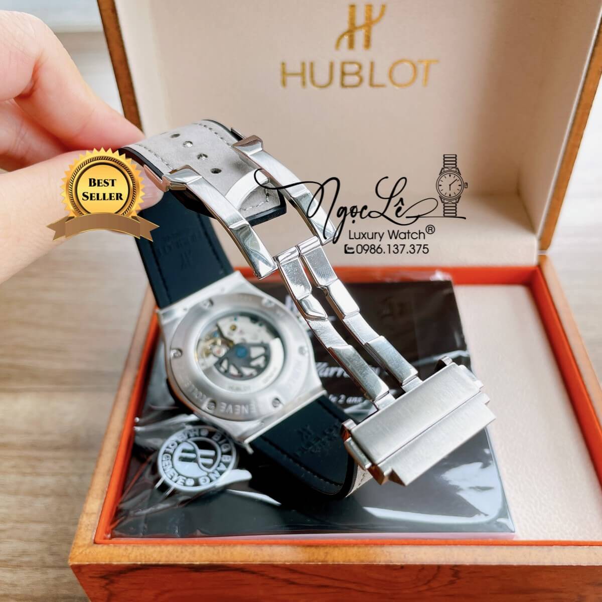 Đồng Hồ Hublot Automatic Nam Lộ Cơ Size 42mm Dây Da Silicon Xám Vỏ Bạc Đính Đá