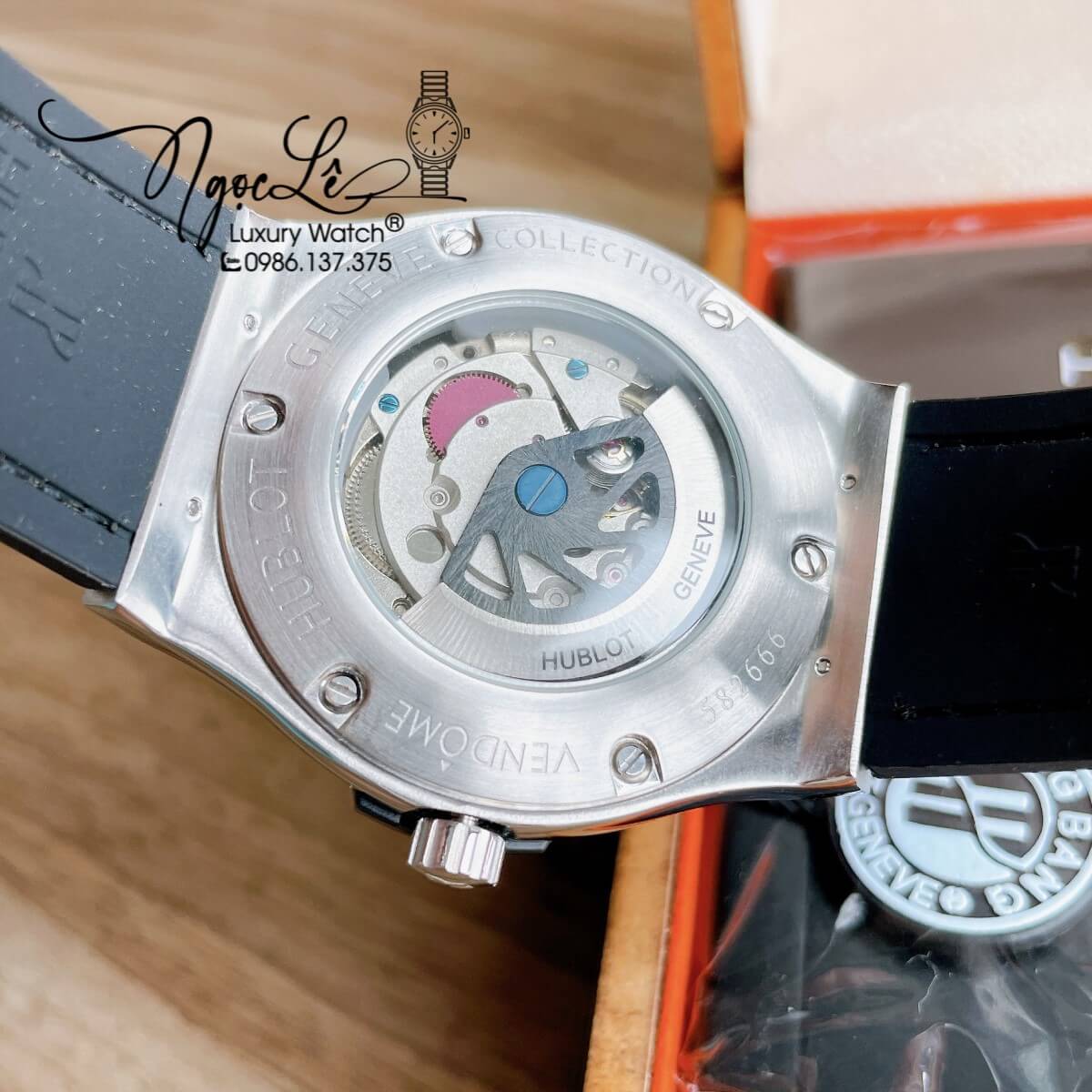 Đồng Hồ Hublot Automatic Nam Lộ Cơ Size 42mm Dây Da Silicon Xám Vỏ Bạc Đính Đá