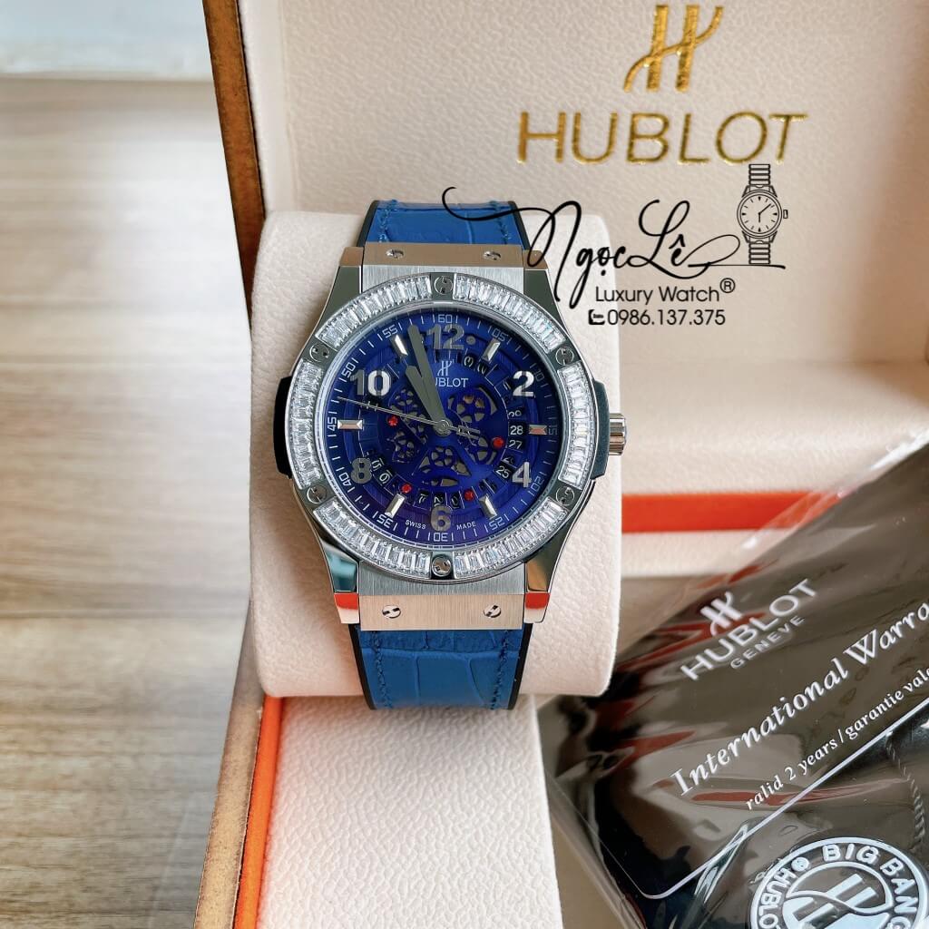 Đồng Hồ Hublot Automatic Nam Lộ Cơ Size 42mm Dây Da Silicon Xanh Vỏ Bạc Đính Đá