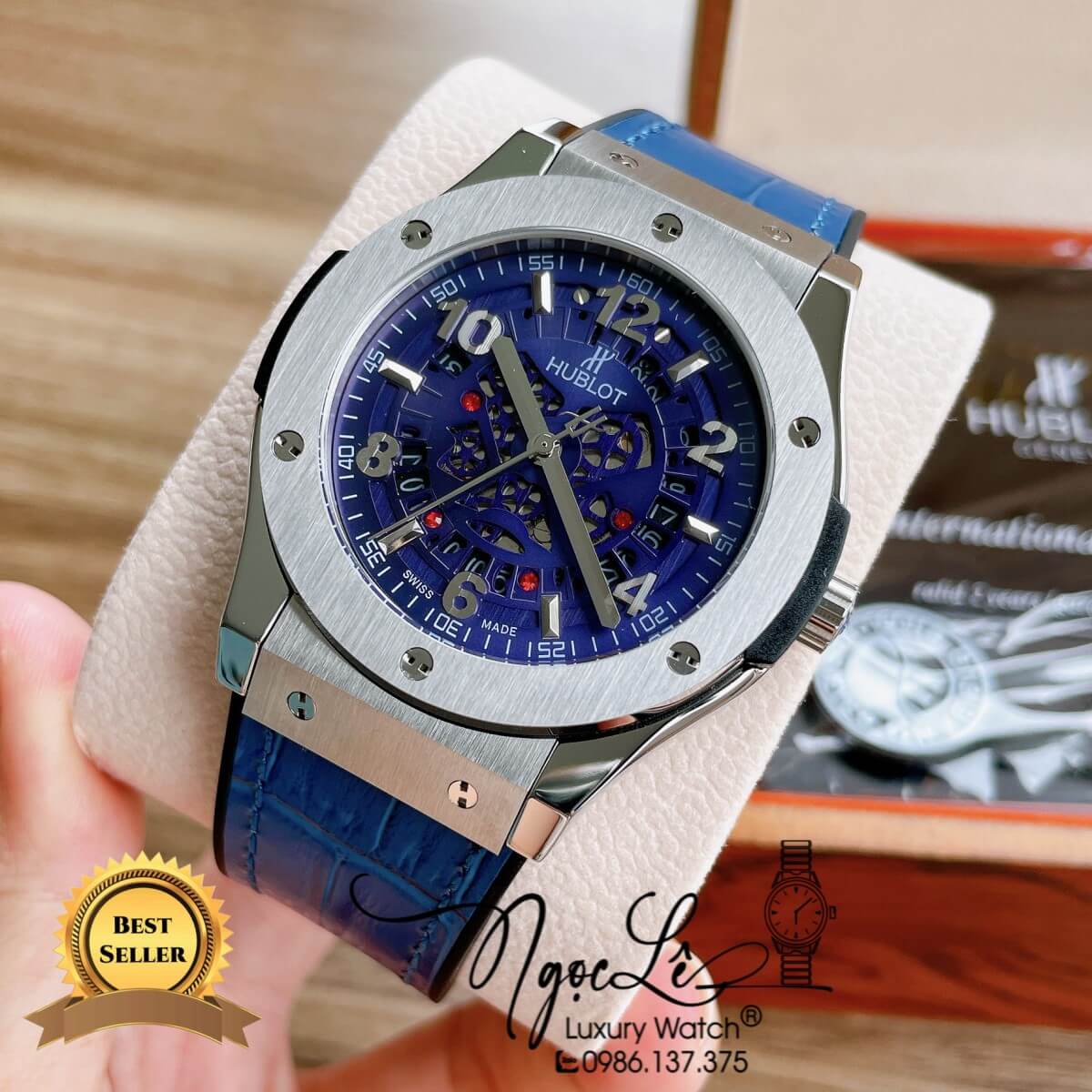 Đồng Hồ Hublot Automatic Nam Lộ Cơ Size 42mm Dây Da Silicon Xanh Vỏ Thép Bạc