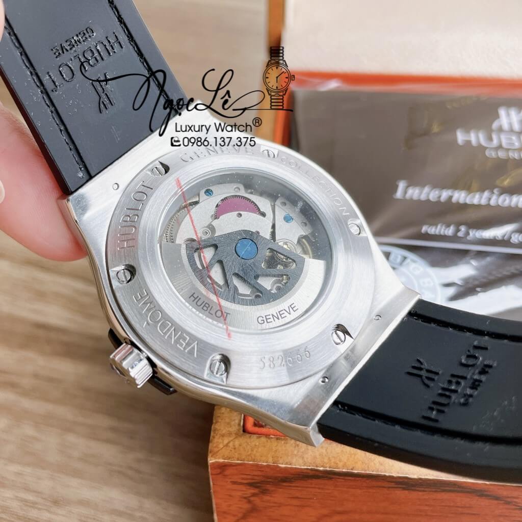 Đồng Hồ Hublot Automatic Nam Lộ Cơ Size 42mm Dây Da Silicon Xanh Vỏ Bạc Đính Đá