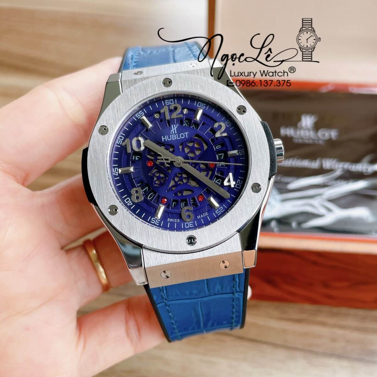 Đồng Hồ Hublot Automatic Nam Lộ Cơ Size 42mm Dây Da Silicon Xanh Vỏ Thép Bạc