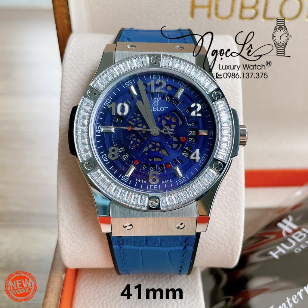 Đồng Hồ Hublot Automatic Nam Lộ Cơ Size 42mm Dây Da Silicon Xanh Vỏ Bạc Đính Đá