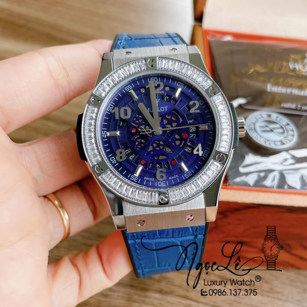 Đồng Hồ Hublot Automatic Nam Lộ Cơ Size 42mm Dây Da Silicon Xanh Vỏ Bạc Đính Đá