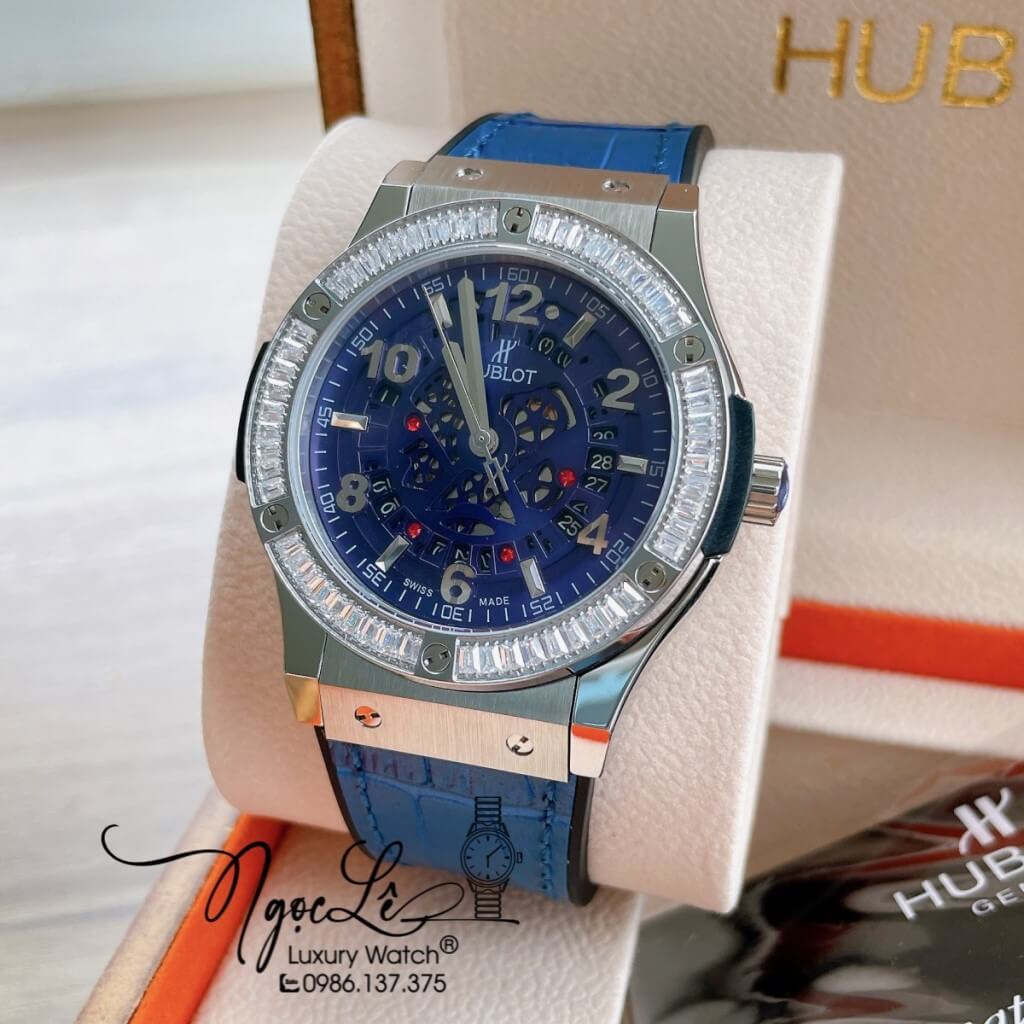Đồng Hồ Hublot Automatic Nam Lộ Cơ Size 42mm Dây Da Silicon Xanh Vỏ Bạc Đính Đá