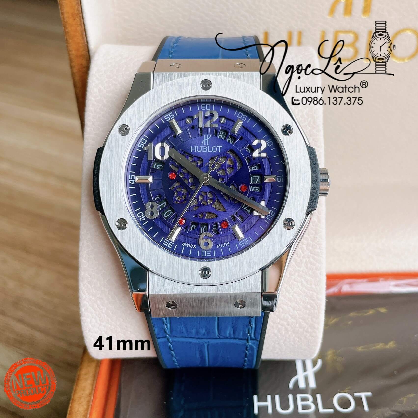 Đồng Hồ Hublot Automatic Nam Lộ Cơ Size 42mm Dây Da Silicon Xanh Vỏ Thép Bạc