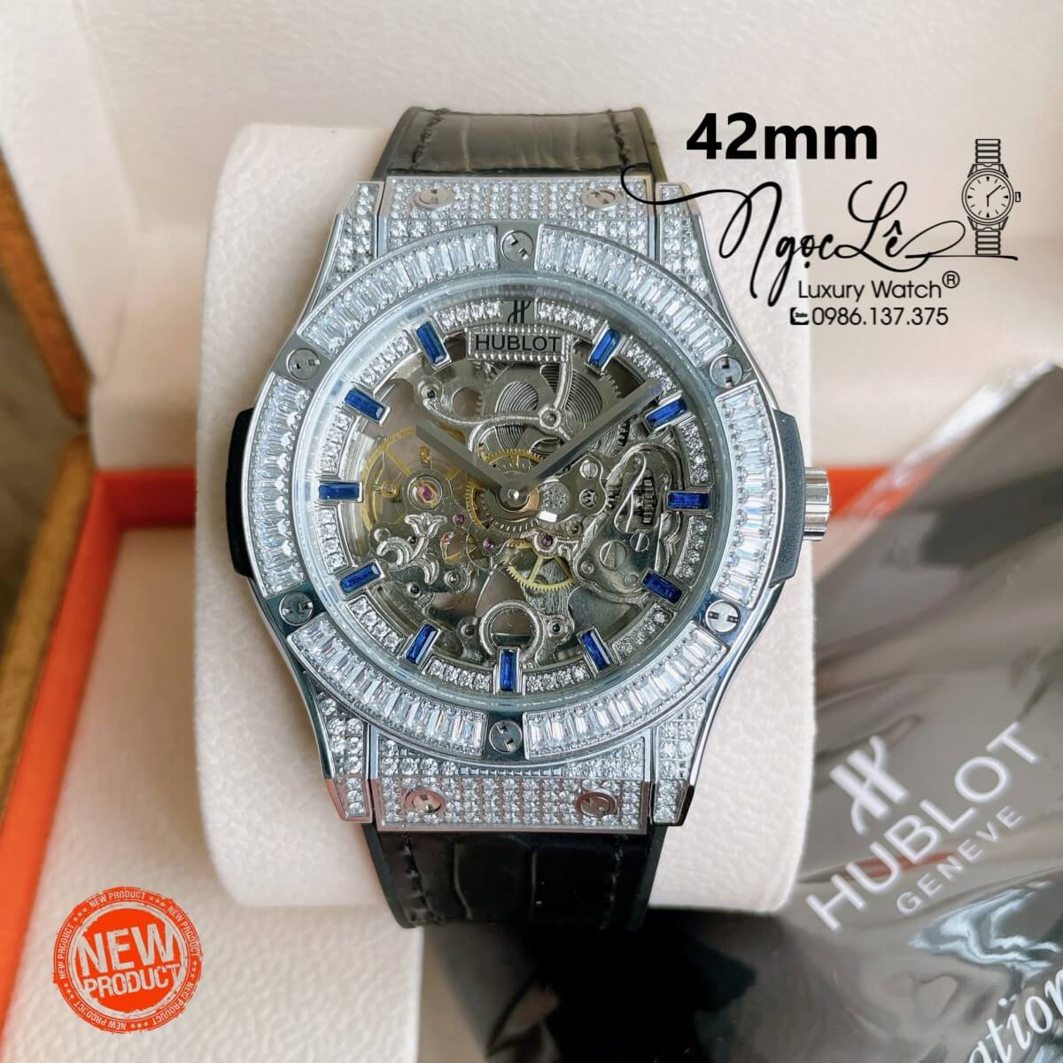 Đồng Hồ Nam Hublot Automatic Lộ Cơ Size 42mm Dây Da Silicon Đen Vỏ Bạc Đính Đá
