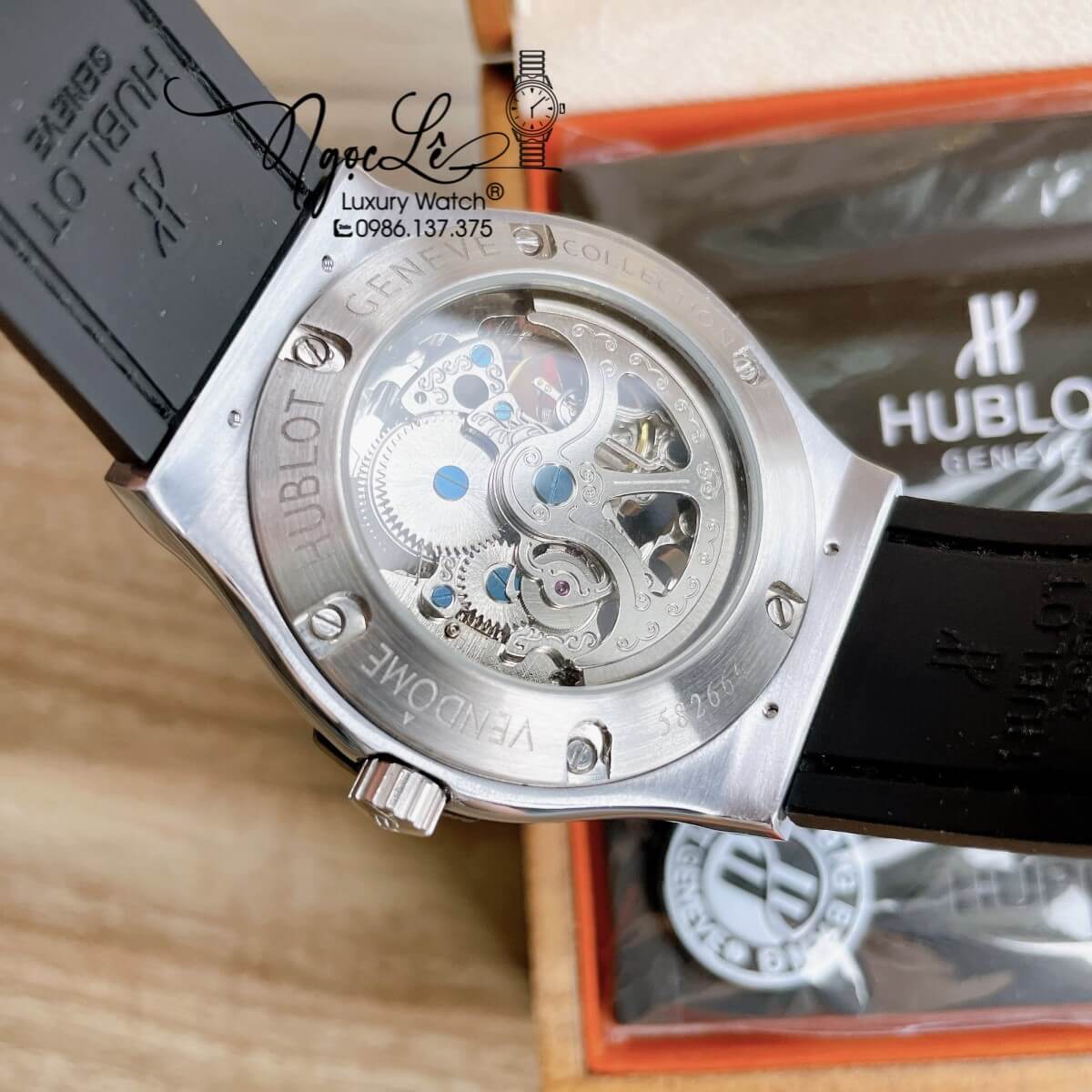 Đồng Hồ Nam Hublot Automatic Lộ Cơ Size 42mm Dây Da Silicon Đen Vỏ Bạc Đính Đá