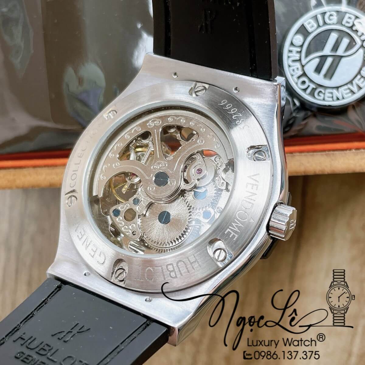 Đồng Hồ Nam Hublot Automatic Lộ Cơ Size 42mm Dây Da Silicon Đen Vỏ Bạc Đính Đá