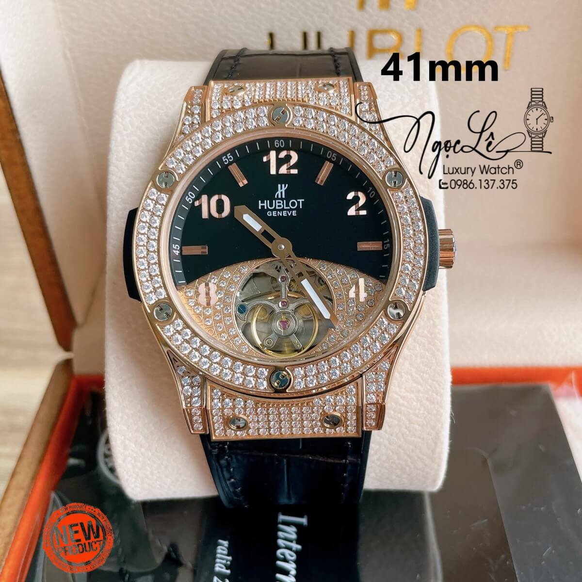 Đồng Hồ Nam Hublot Big Bang Automatic Lộ Cơ Size 42mm Dây Da Silicon Đen Vỏ Rose Đính Đá