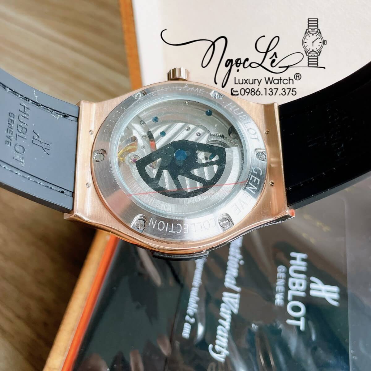 Đồng Hồ Nam Hublot Big Bang Automatic Lộ Cơ Size 42mm Dây Da Silicon Đen Vỏ Rose Đính Đá