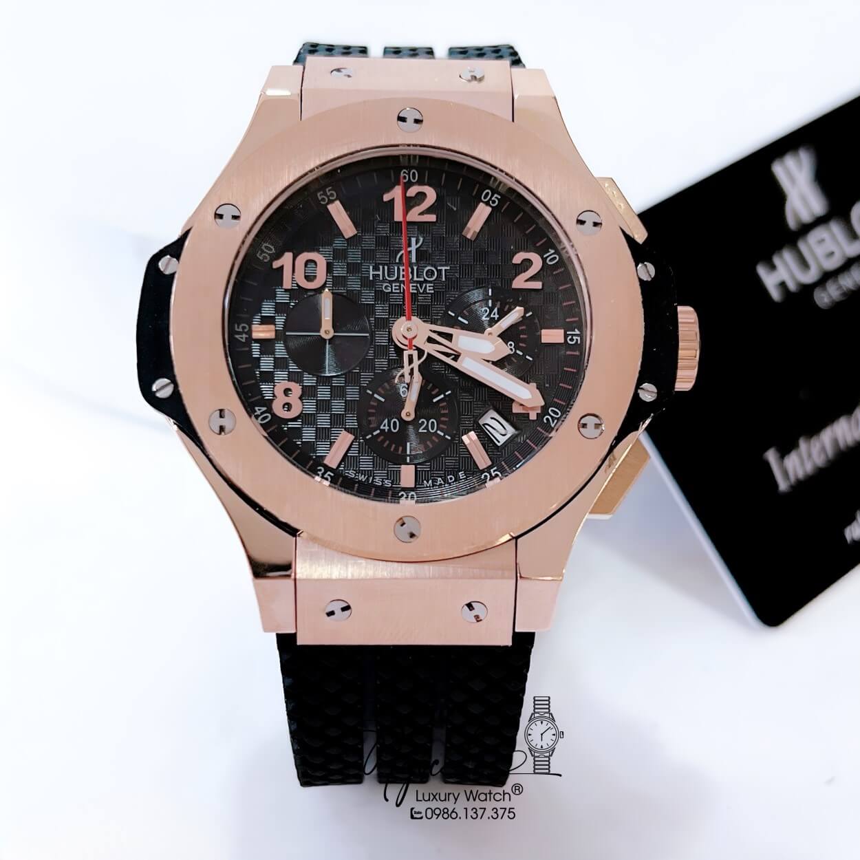 Đồng Hồ Hublot Big Bang Nam Máy Pin Dây Silicon Đen Vỏ Rose Size 42mm