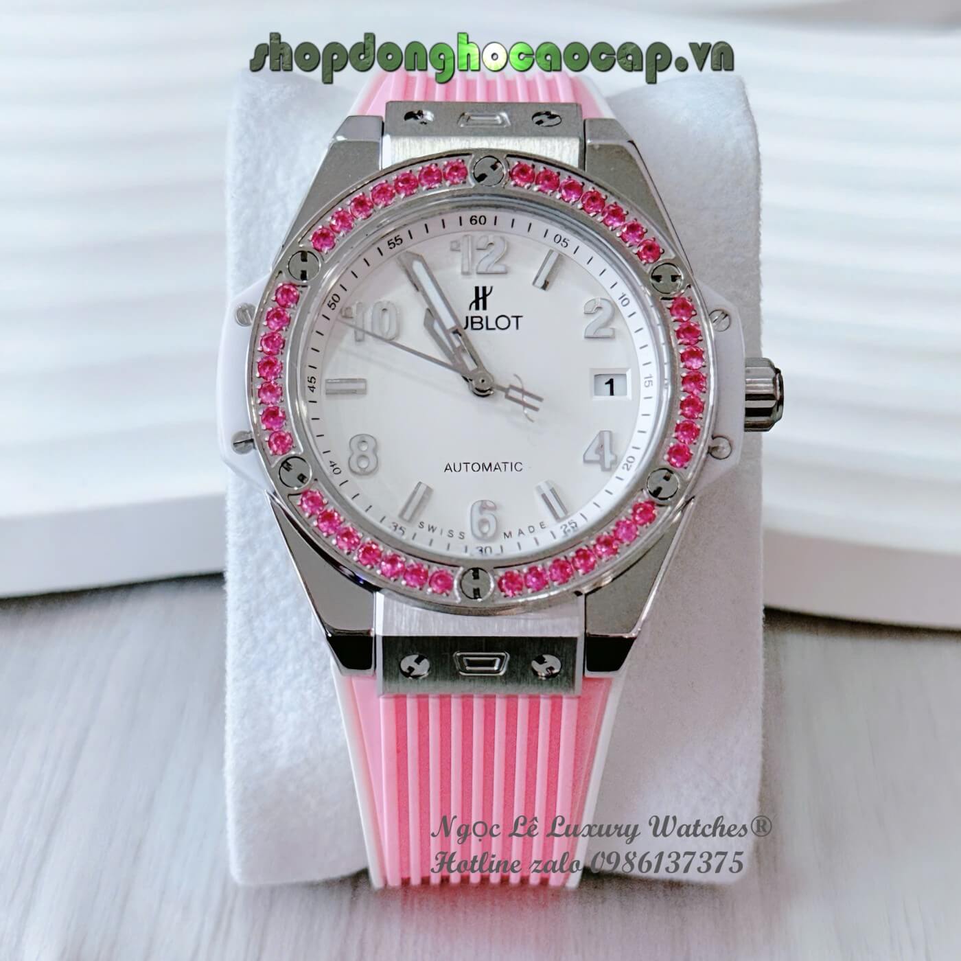 Đồng Hồ Hublot Big Bang Nữ Dây Cao Su Hồng Viền Đá Hồng Size 39mm Vỏ Thép Silver - Quartz