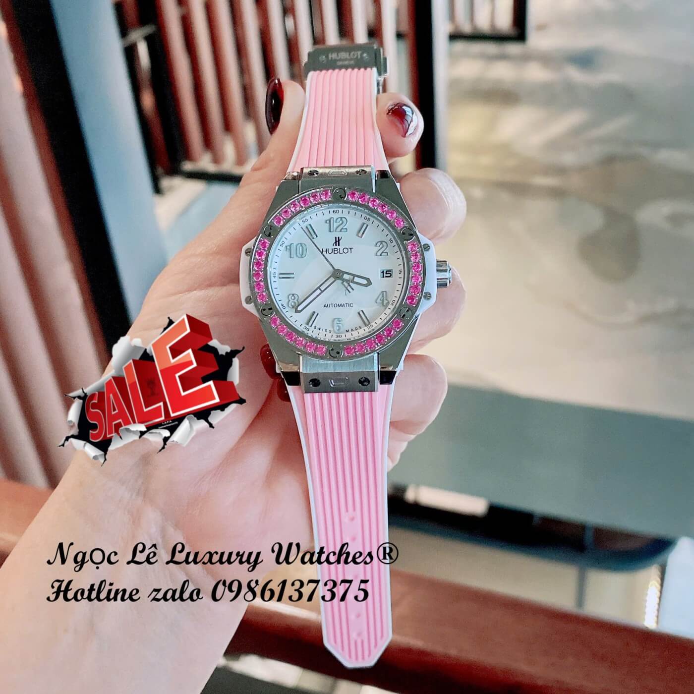 Đồng Hồ Hublot Big Bang Nữ Dây Cao Su Hồng Viền Đá Hồng Size 39mm Vỏ Thép Silver - Quartz