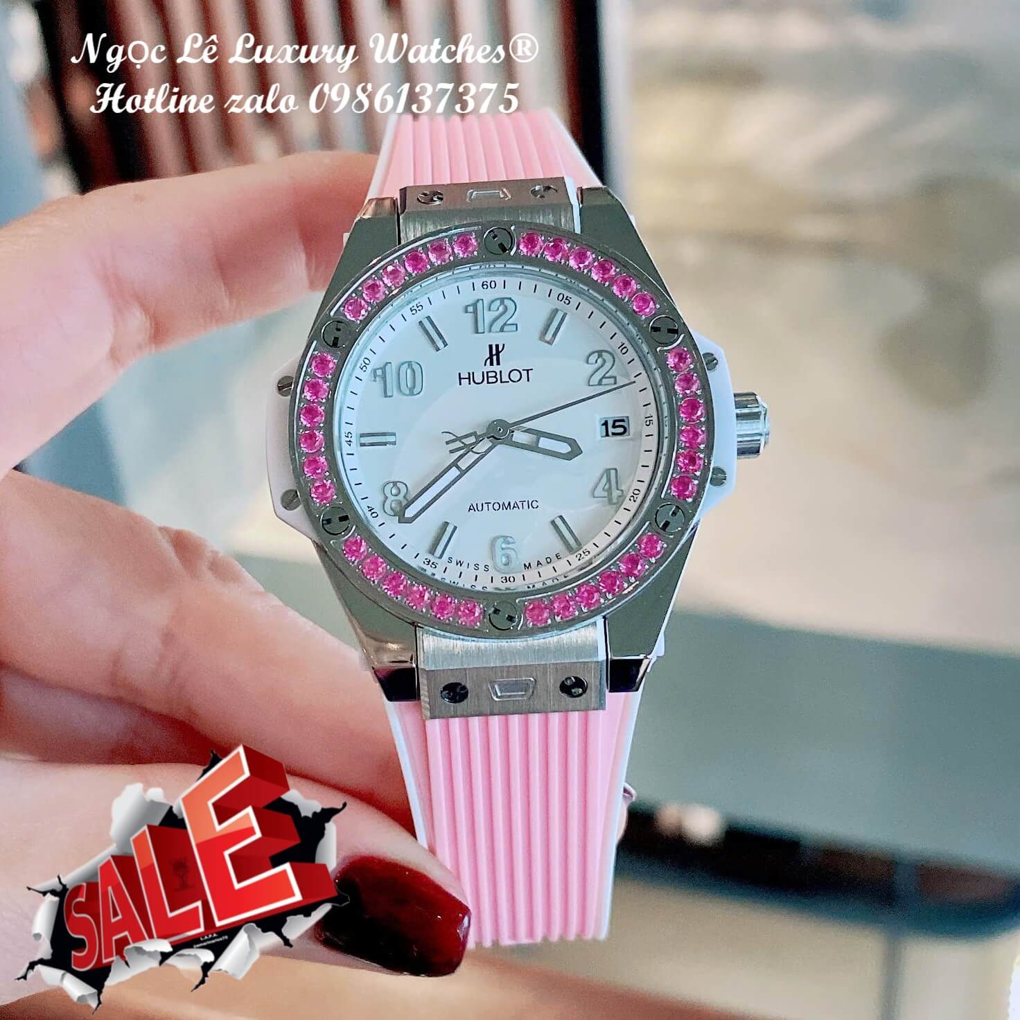 Đồng Hồ Hublot Big Bang Nữ Dây Cao Su Hồng Viền Đá Hồng Size 39mm Vỏ Thép Silver - Quartz