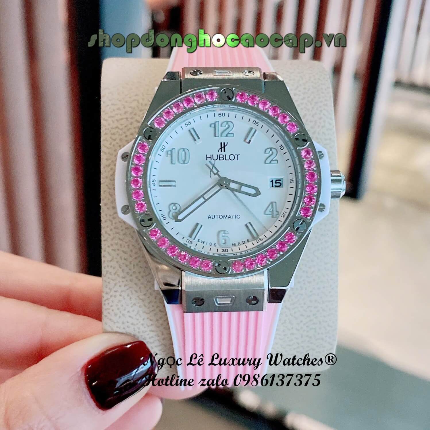 Đồng Hồ Hublot Big Bang Nữ Dây Cao Su Hồng Viền Đá Hồng Size 39mm Vỏ Thép Silver - Quartz