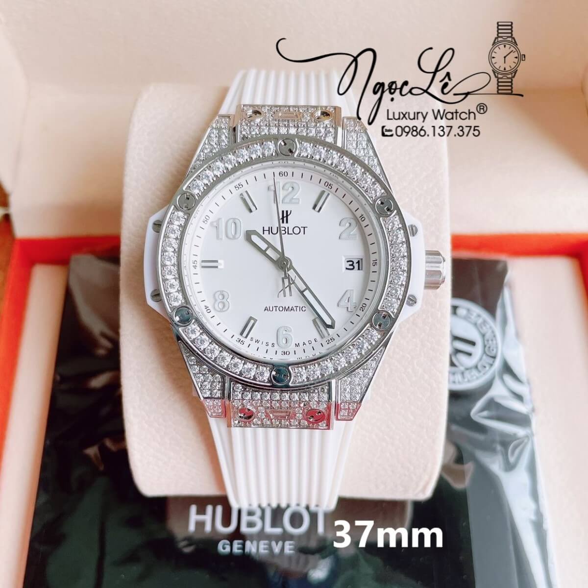 Đồng Hồ Nữ Hublot Big Bang Dây Silicon Trắng Vỏ Bạc Đính Đá Tròn Size 37mm