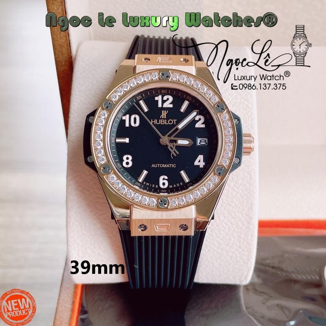 Đồng Hồ Nữ Hublot Big Bang Dây Silicon Đen Vỏ Rose Đính Đá Tròn Size 39mm