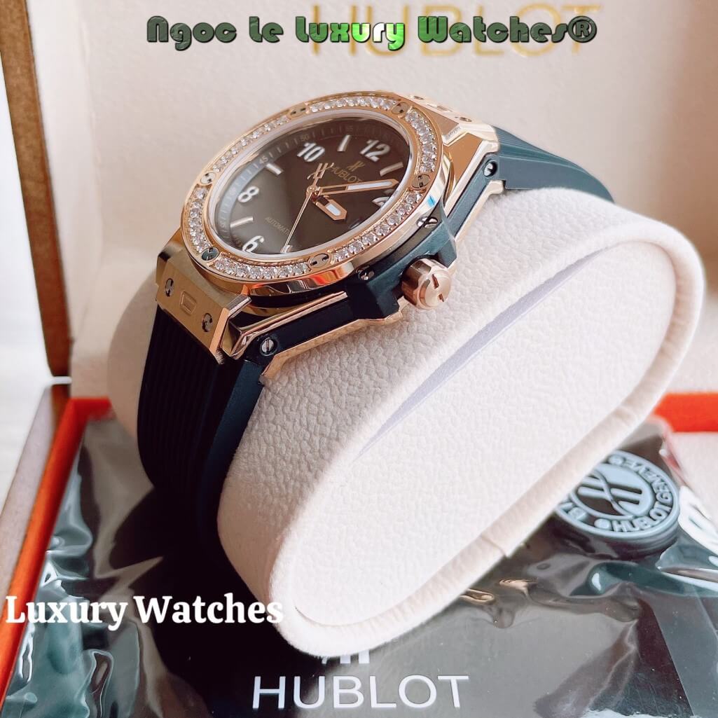 Đồng Hồ Nữ Hublot Big Bang Dây Silicon Đen Vỏ Rose Đính Đá Tròn Size 39mm