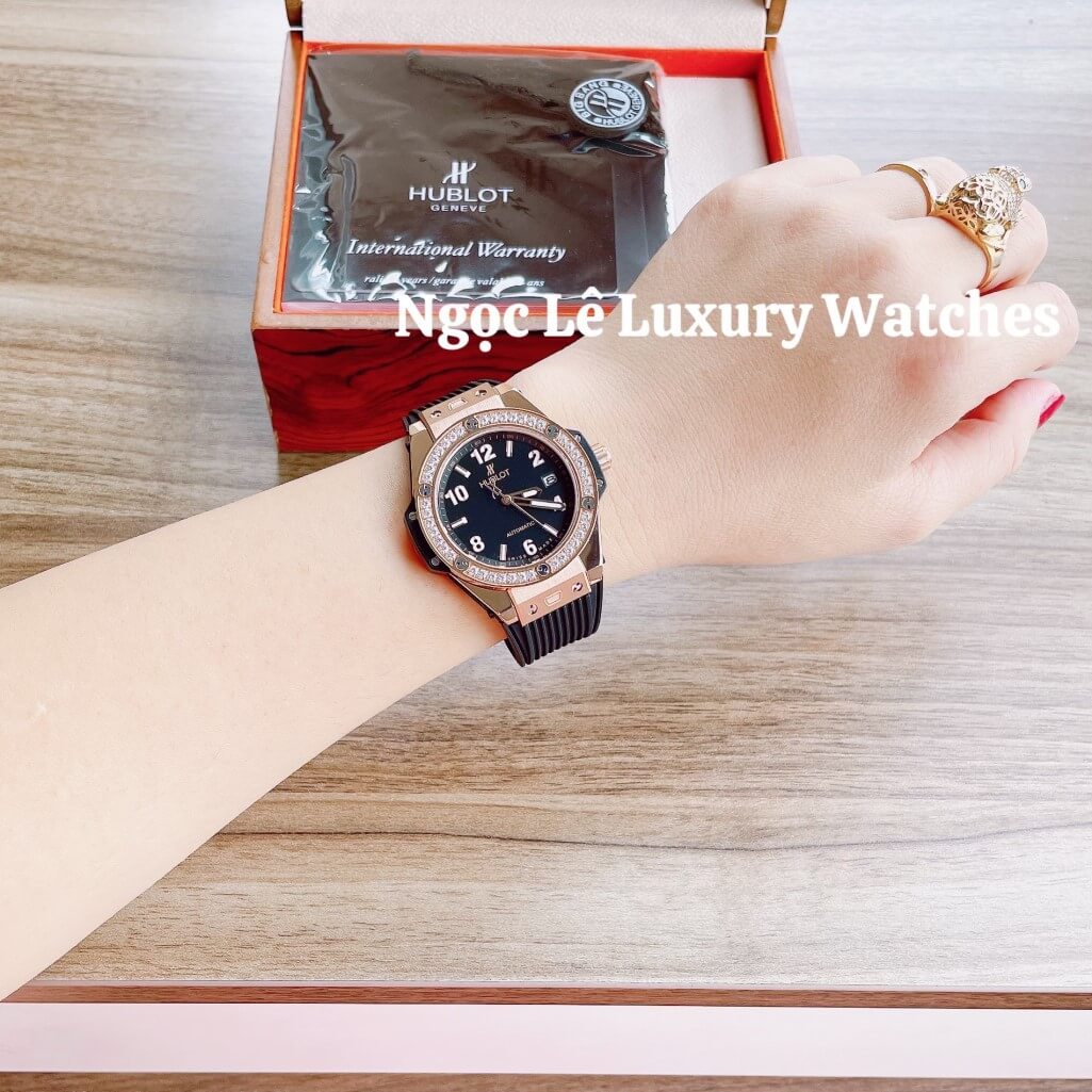 Đồng Hồ Nữ Hublot Big Bang Dây Silicon Đen Vỏ Rose Đính Đá Tròn Size 39mm