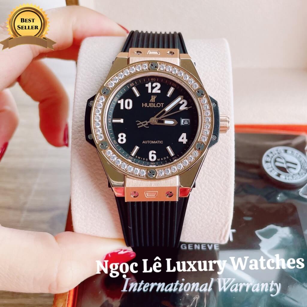 Đồng Hồ Nữ Hublot Big Bang Dây Silicon Đen Vỏ Rose Đính Đá Tròn Size 39mm