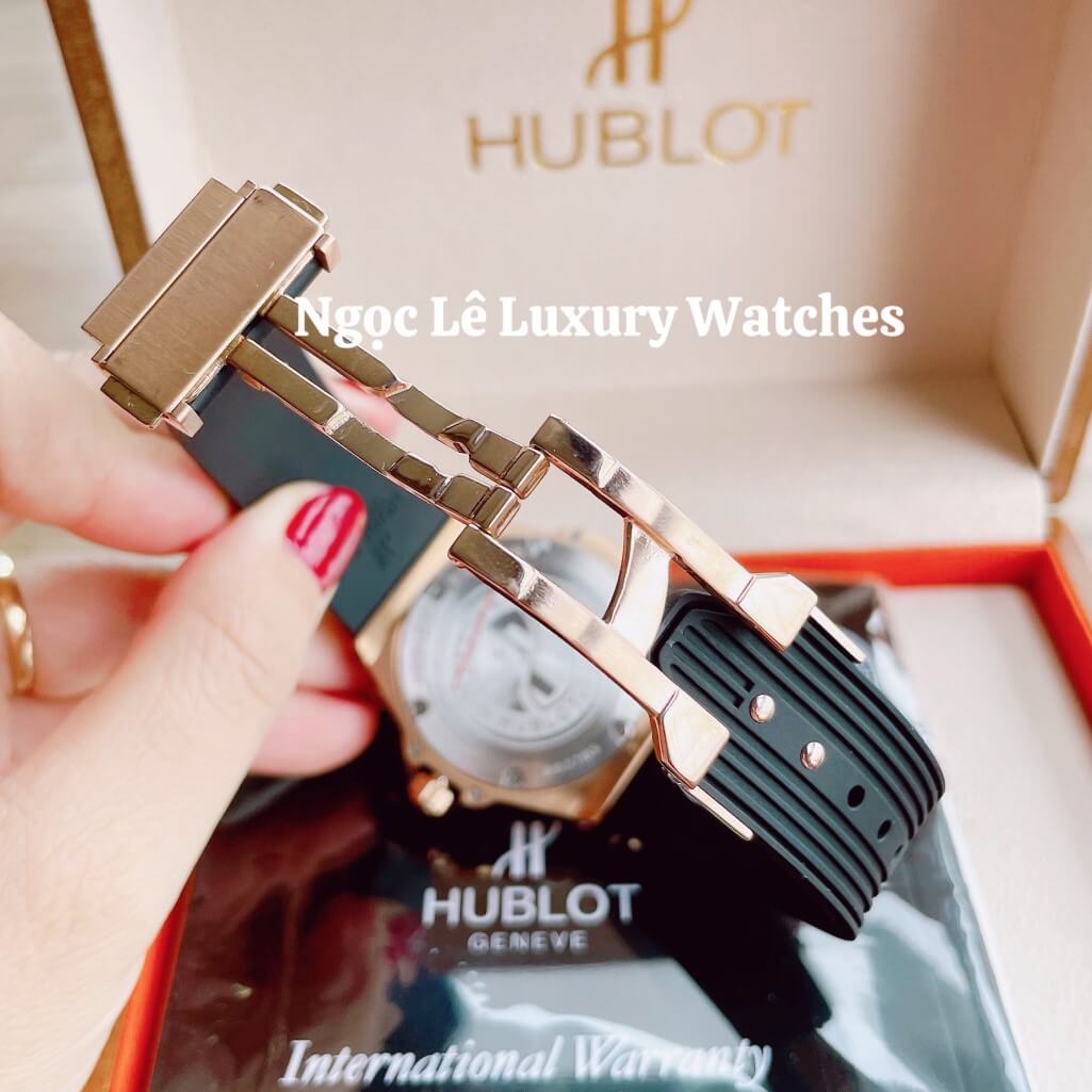 Đồng Hồ Nữ Hublot Big Bang Dây Silicon Đen Vỏ Rose Đính Đá Tròn Size 39mm
