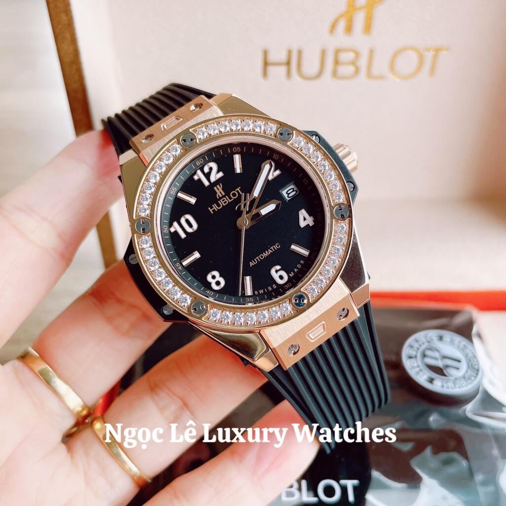 Đồng Hồ Nữ Hublot Big Bang Dây Silicon Đen Vỏ Rose Đính Đá Tròn Size 39mm