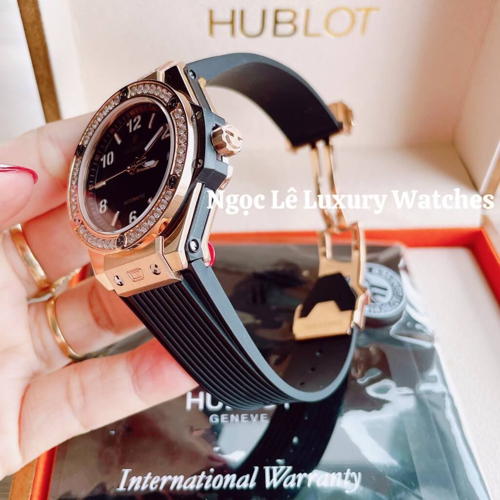 Đồng Hồ Nữ Hublot Big Bang Dây Silicon Đen Vỏ Rose Đính Đá Tròn Size 39mm