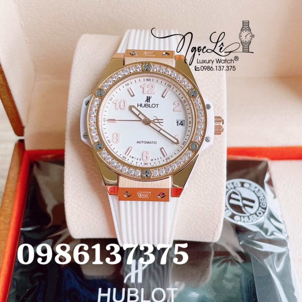 Đồng Hồ Nữ Hublot Big Bang Dây Silicon Trắng Vỏ Rose Đính Đá Tròn Size 39mm