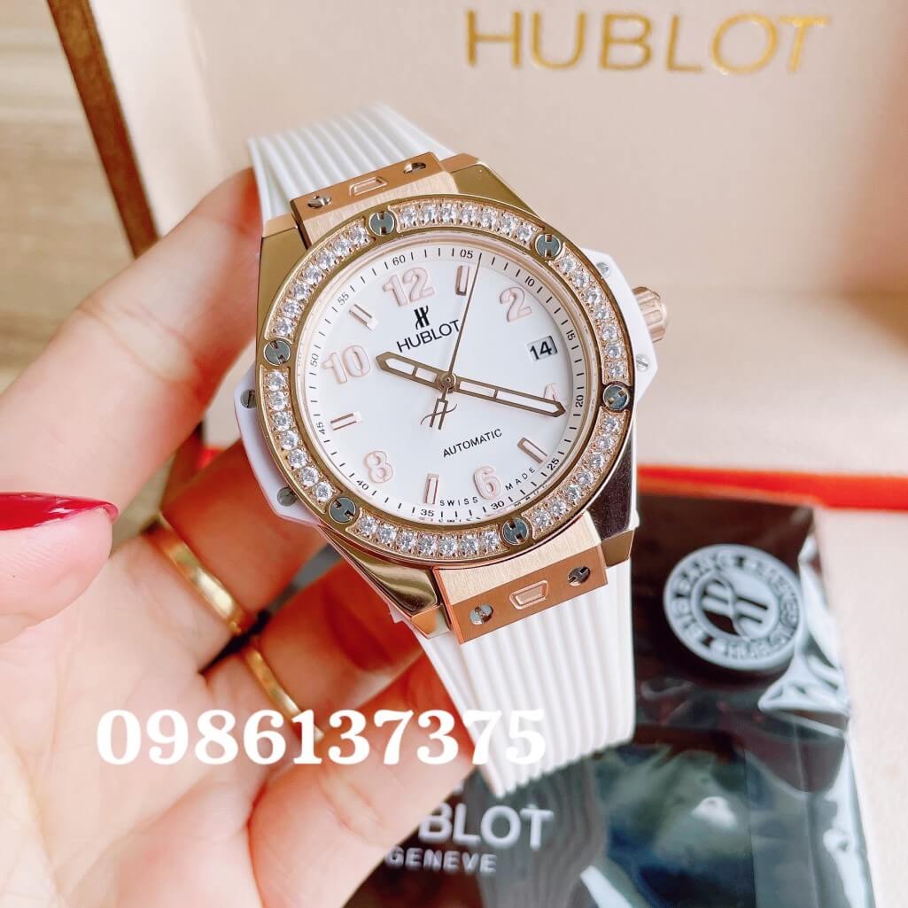 Đồng Hồ Nữ Hublot Big Bang Dây Silicon Trắng Vỏ Rose Đính Đá Tròn Size 39mm