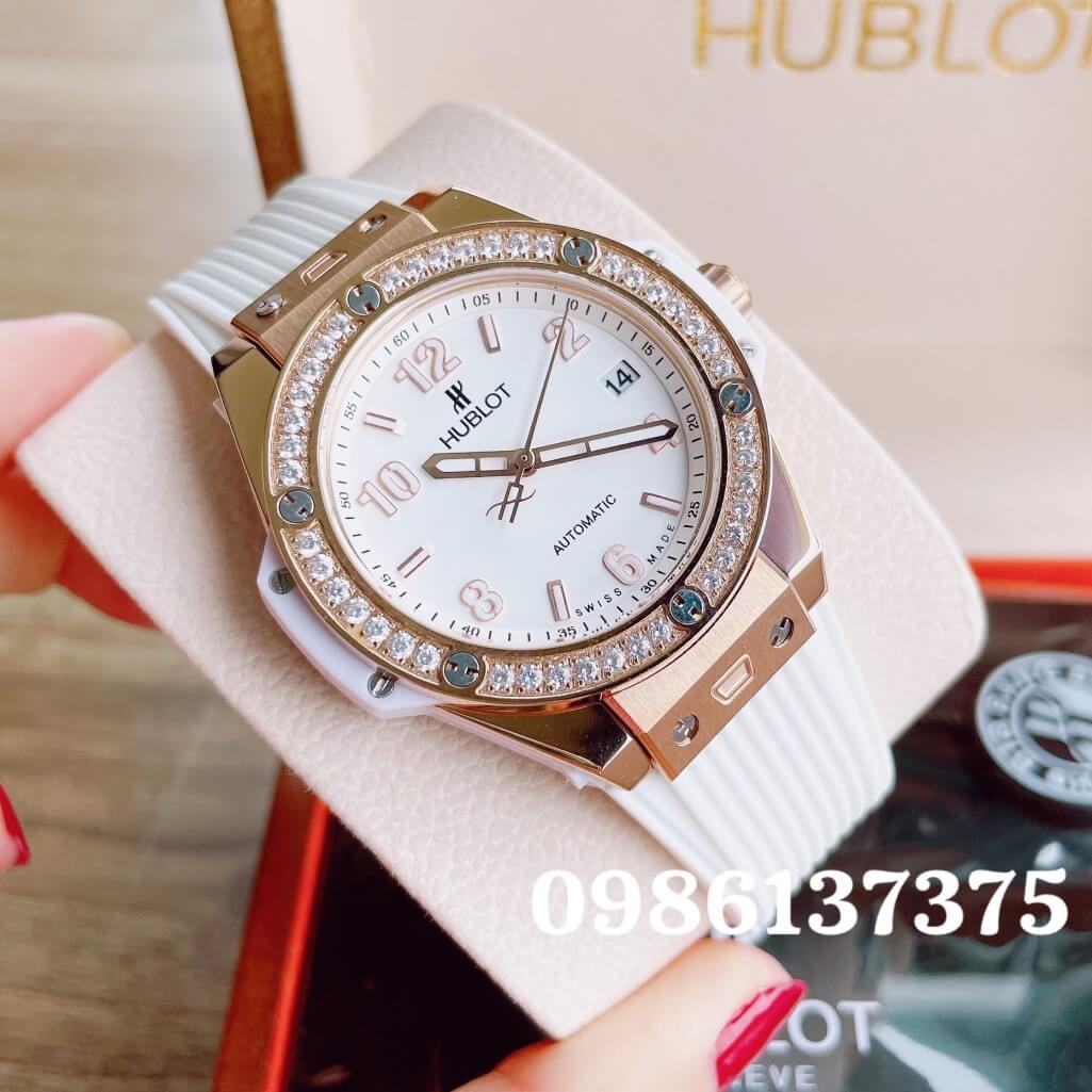 Đồng Hồ Nữ Hublot Big Bang Dây Silicon Trắng Vỏ Rose Đính Đá Tròn Size 39mm