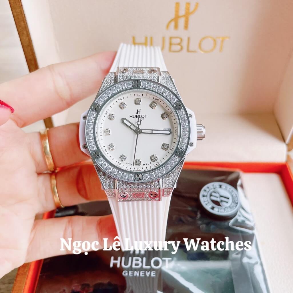 Đồng Hồ Nữ Hublot Big Bang Dây Silicon Trắng Vỏ Bạc Đính Đá Tròn Size 39mm