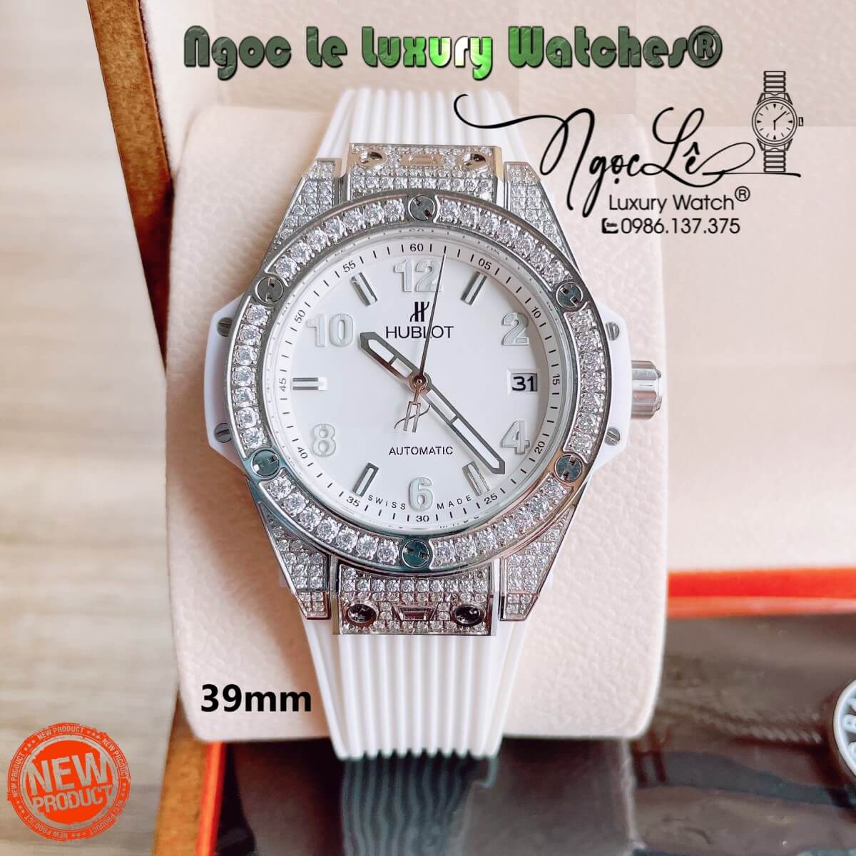 Đồng Hồ Nữ Hublot Big Bang Dây Silicon Trắng Vỏ Bạc Đính Đá Tròn Size 39mm