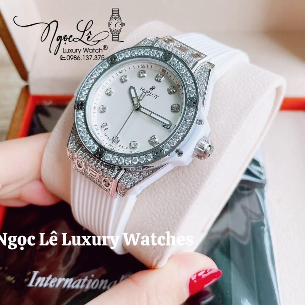 Đồng Hồ Nữ Hublot Big Bang Dây Silicon Trắng Vỏ Bạc Đính Đá Tròn Size 39mm