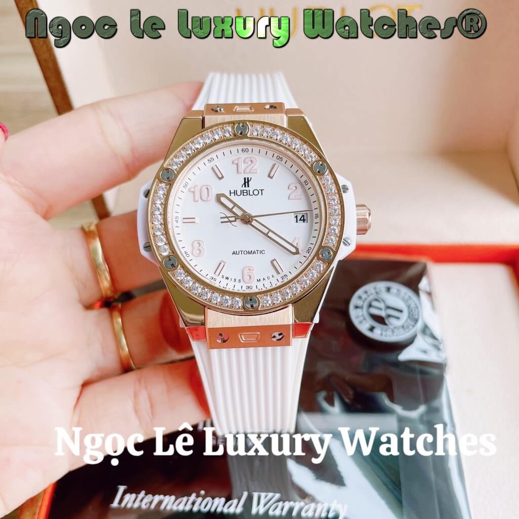 Đồng Hồ Nữ Hublot Big Bang Dây Silicon Trắng Vỏ Rose Đính Đá Tròn Size 39mm