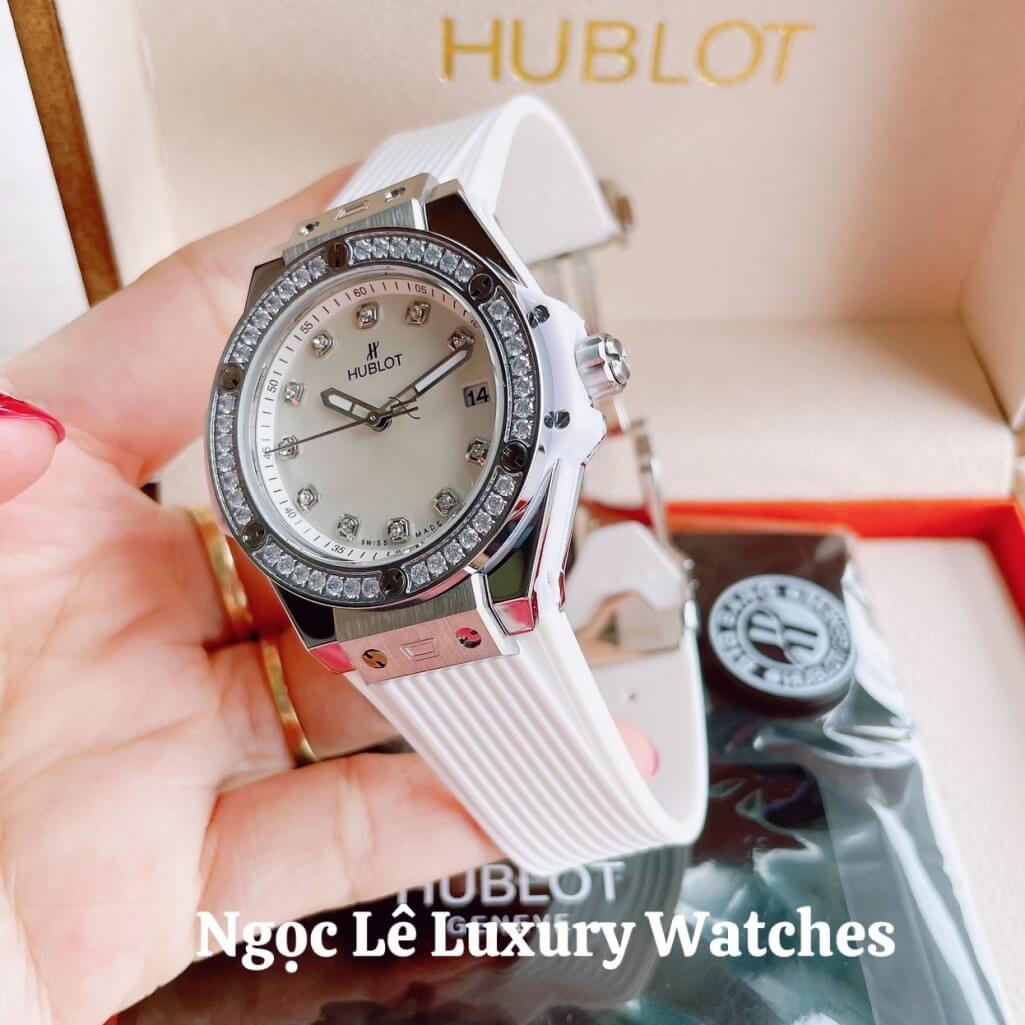 Đồng Hồ Nữ Hublot Big Bang Dây Silicon Trắng Vỏ Bạc Đính Đá Tròn Size 39mm
