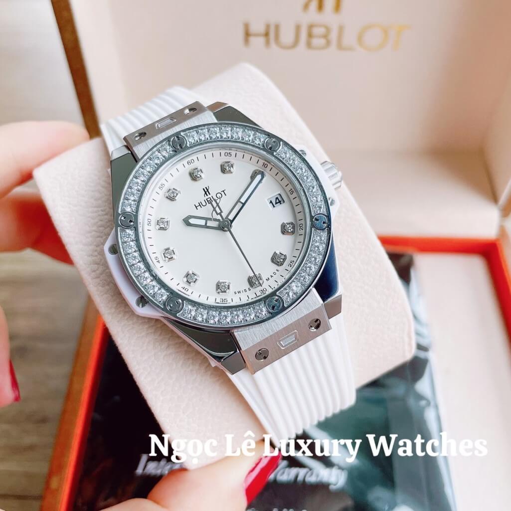 Đồng Hồ Nữ Hublot Big Bang Dây Silicon Trắng Vỏ Bạc Đính Đá Tròn Size 39mm