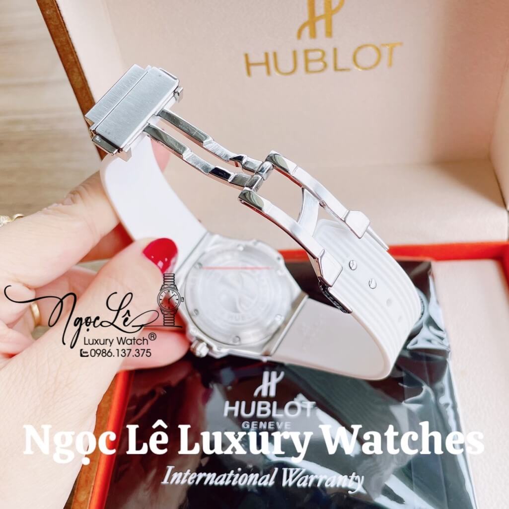 Đồng Hồ Nữ Hublot Big Bang Dây Silicon Trắng Vỏ Bạc Đính Đá Tròn Size 39mm
