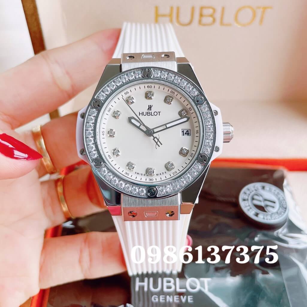 Đồng Hồ Nữ Hublot Big Bang Dây Silicon Trắng Vỏ Bạc Đính Đá Tròn Size 39mm